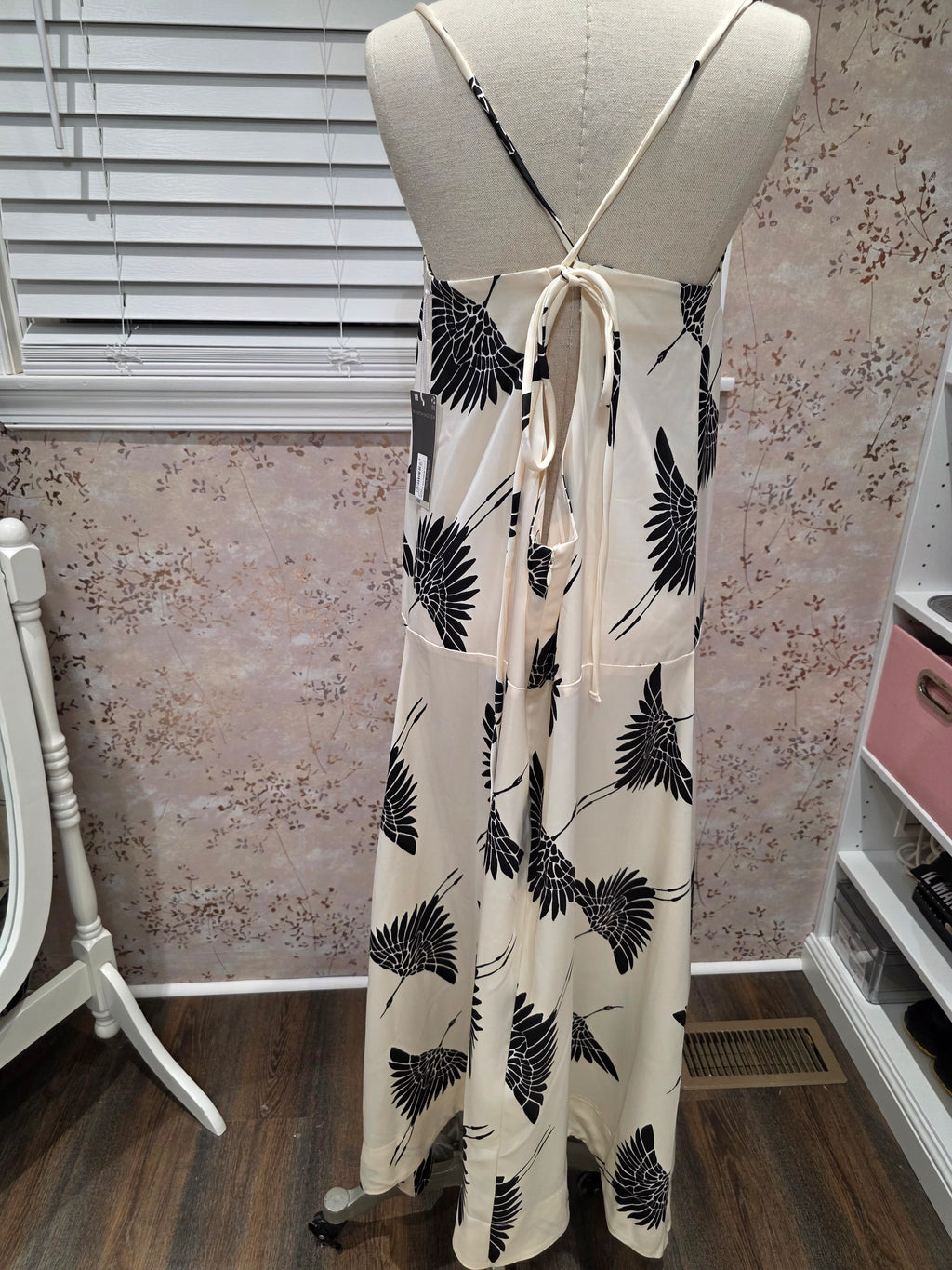 Crane Print Satin Midi Dress — NWT-Size 18