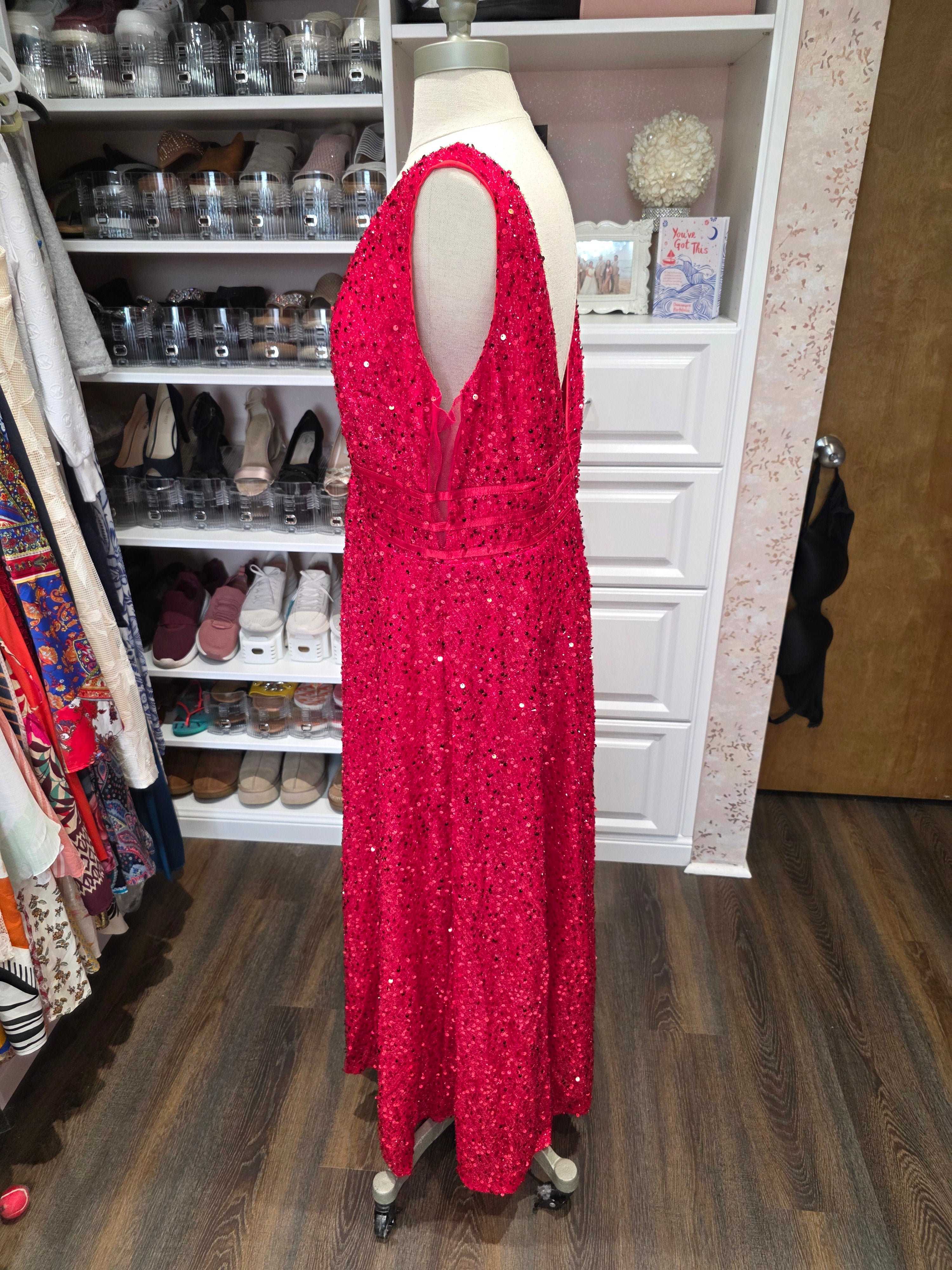 Red Sequin Maxi Dress – Deep V & Low Back – Size 3XL – Formal/Party