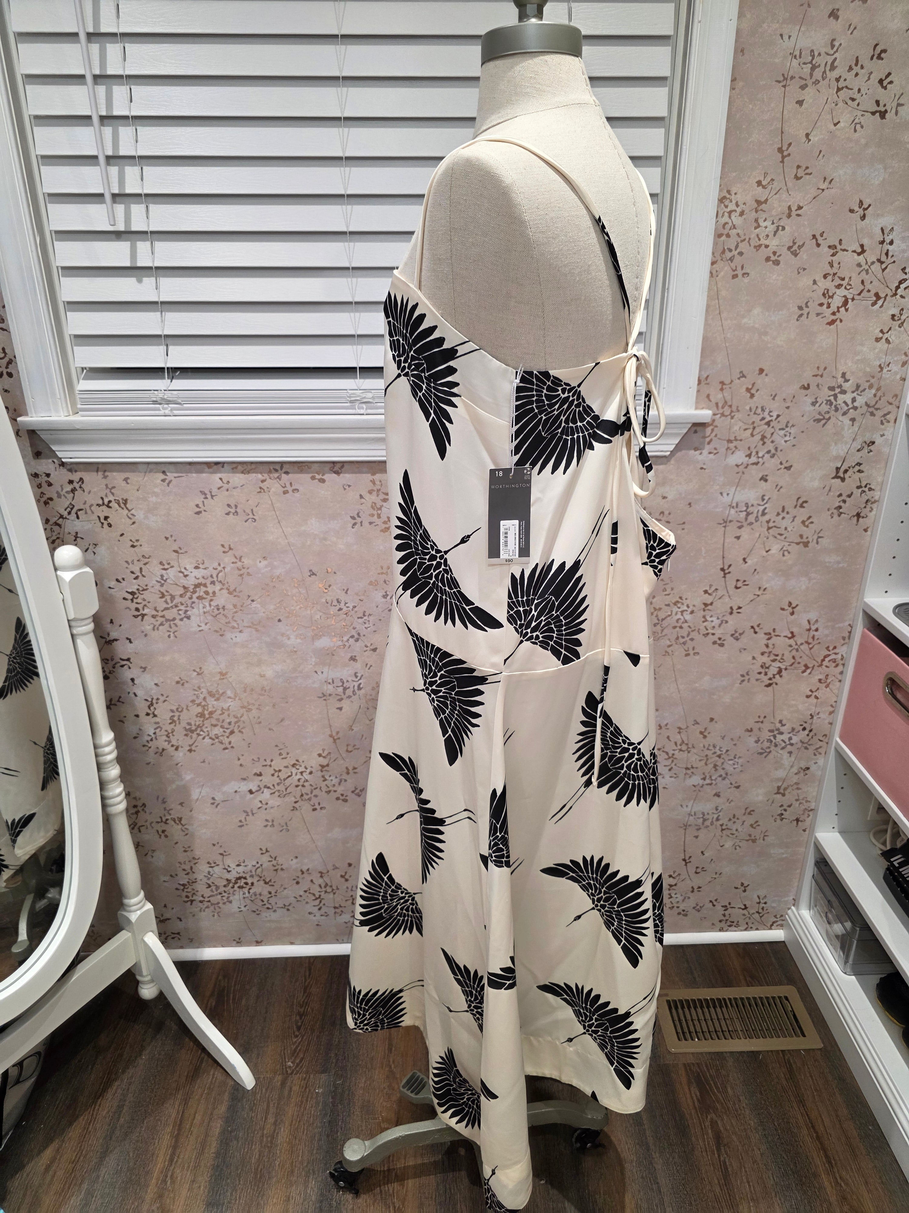 Crane Print Satin Midi Dress — NWT-Size 18