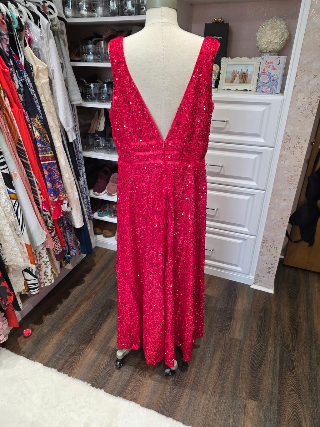 Red Sequin Maxi Dress – Deep V & Low Back – Size 3XL – Formal/Party