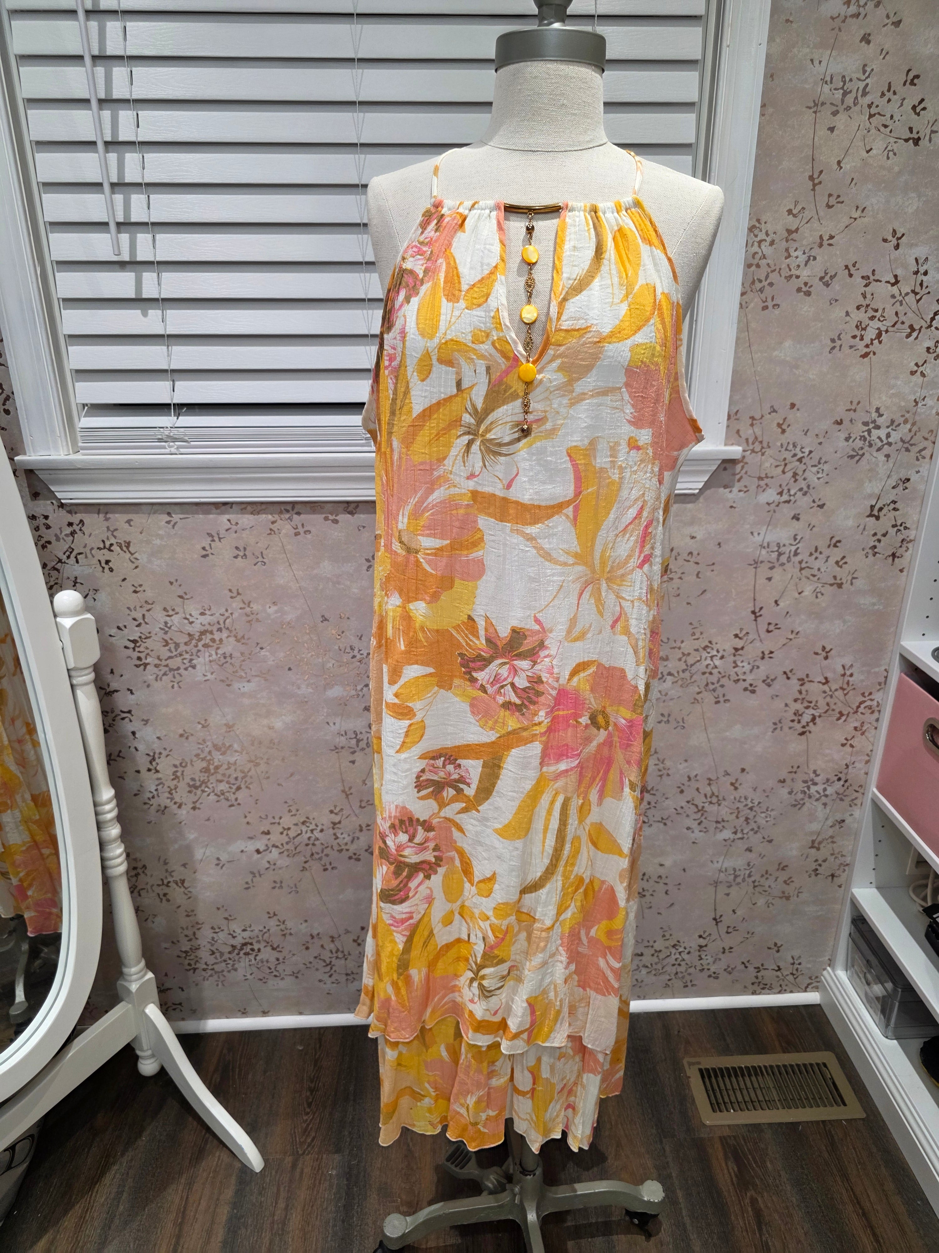 Floral Maxi Dress with Gold Accents- XL