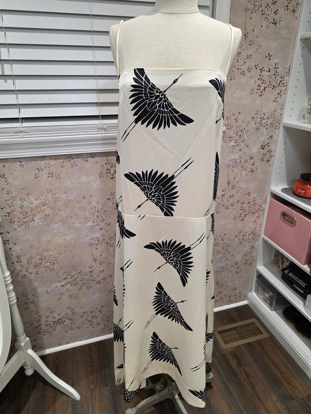Crane Print Satin Midi Dress — NWT-Size 18