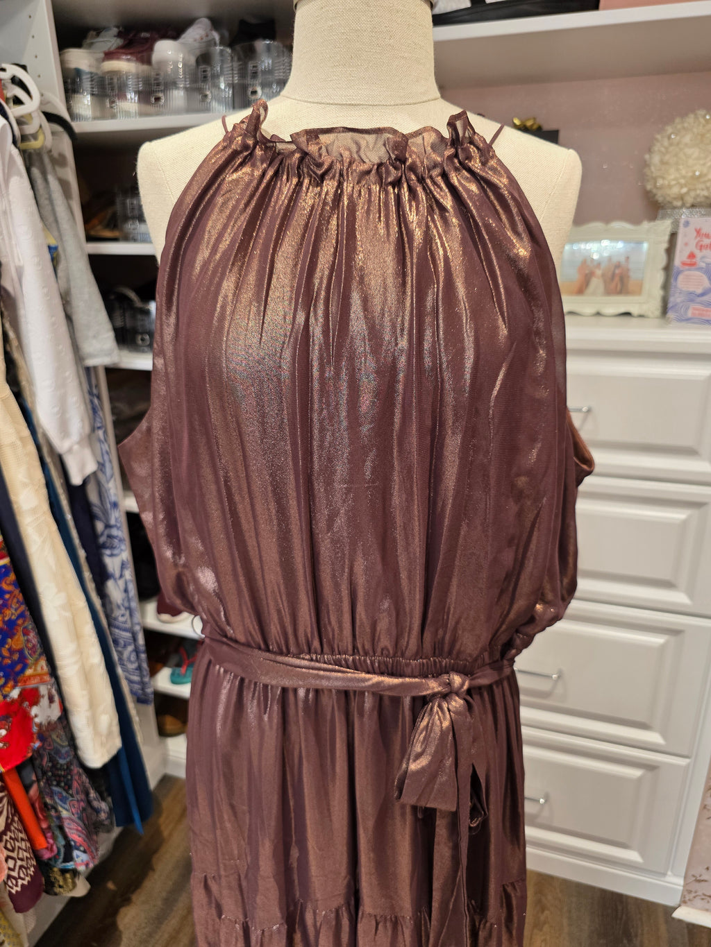 Simply Vera Vera Wang Metallic Midi Dress – Bronze Brown Shimmer – XXL