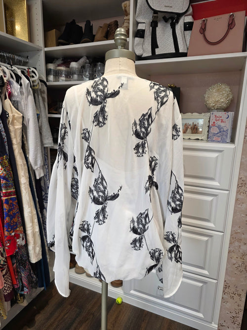 Alfani Sheer White & Black Floral Blouse – Long Sleeve – XXL